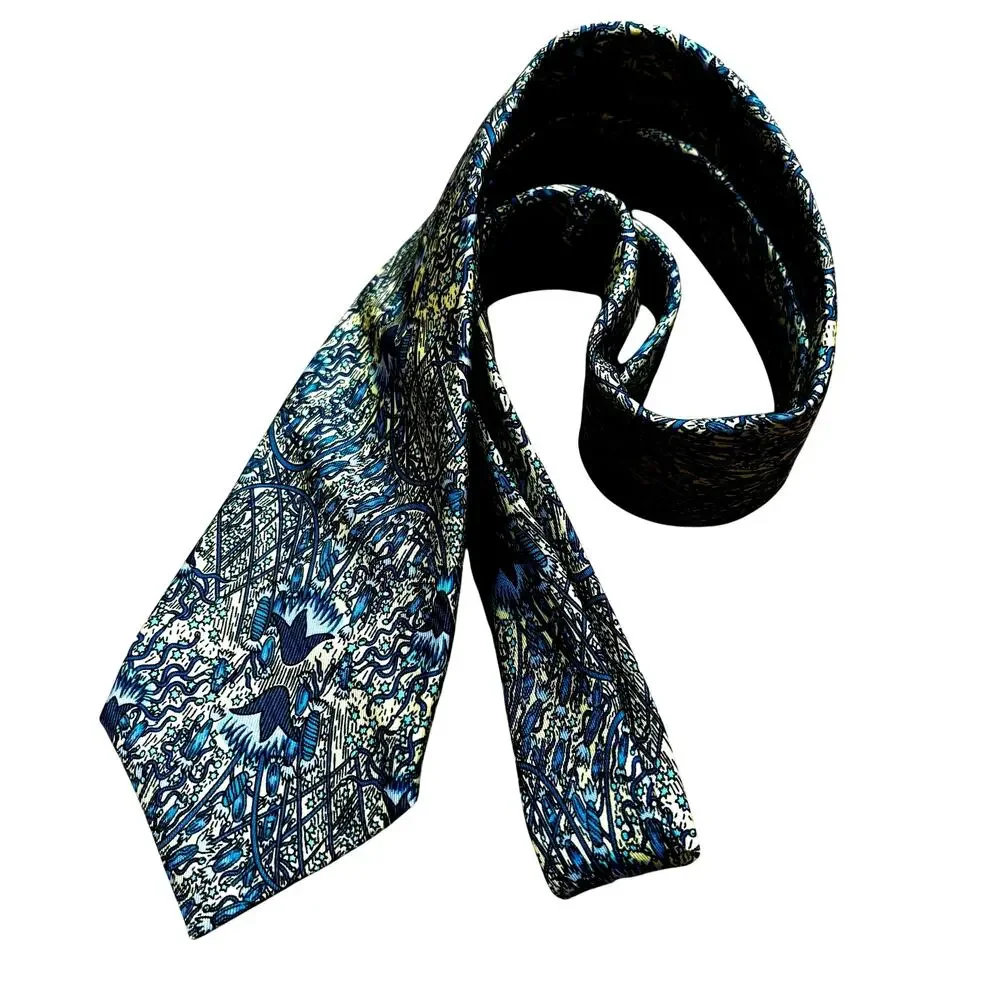 Classic Hermes Paris silk neck tie 7048-TA yellow blue Fireworks Feux d'Artifice
